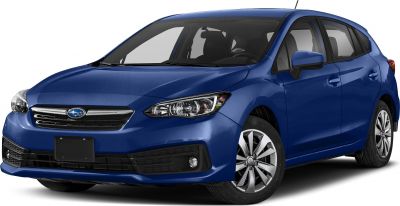 Blue hatchback front and side view with distinct headlights and alloy wheels