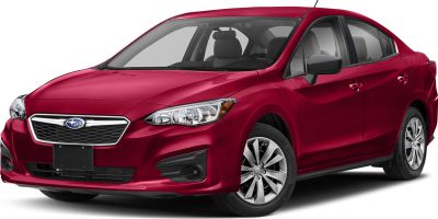 Front-side view of red compact sedan with sleek headlights and grille
