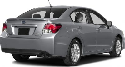 Rear view of a grey sedan with spoiler and alloy wheels
