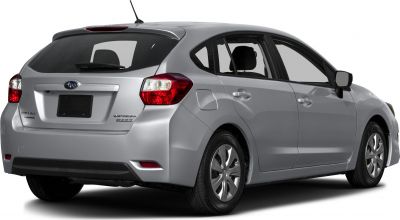 Rear hatchback view with taillights and tinted window