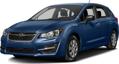 Front angled view of hatchback car with distinctive grille and headlights