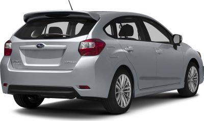 Rear view of hatchback with spoiler and distinct taillights