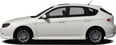 Side profile of white hatchback with alloy wheels and rear spoiler