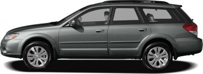 Side profile of a 2005 Subaru Outback wagon with roof rails and alloy wheels