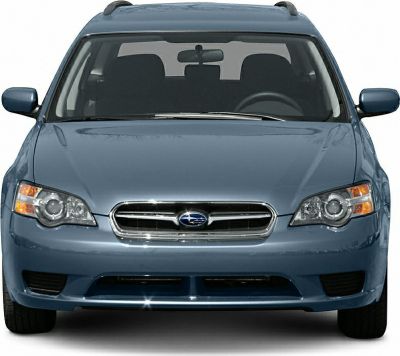Front view of a Subaru station wagon with distinctive grille and headlights