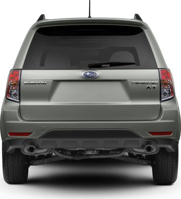 Rear view of SUV showing tailgate, taillights, rear window wiper, and dual exhaust pipes