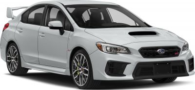 White sedan with hood scoop, rear wing spoiler, sporty front design