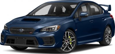 Front angle view with hood scoop, alloy wheels, and rear spoiler in blue