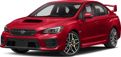 Hood scoop and rear wing spoiler on sporty sedan