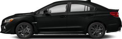 Side profile of black sedan with dark alloy wheels and rear spoiler