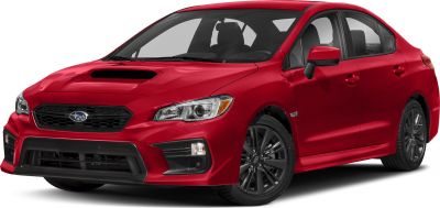 Hood scoop and black alloy wheels on sporty sedan front side.