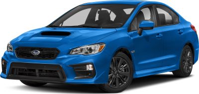Blue sedan with prominent hood scoop and black front grille