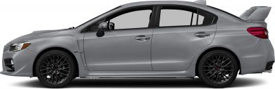 Side view of sedan featuring rear wing spoiler and black multi-spoke alloy wheels