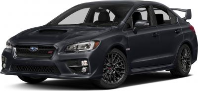 Front hood scoop and large rear wing spoiler on sporty sedan