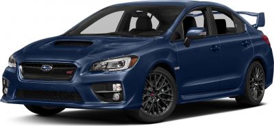 Front view of sporty sedan with hood scoop and alloy wheels