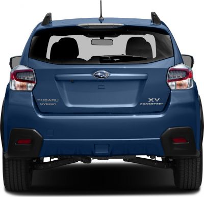 Rear view showing hybrid badge, taillights, rear window, and bumper.