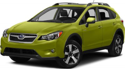 Lime green hybrid SUV front side with alloy wheels and roof rails