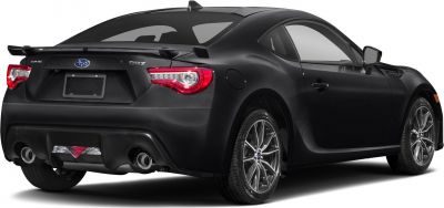Rear-side view of a black sports coupe with spoiler and dual exhausts