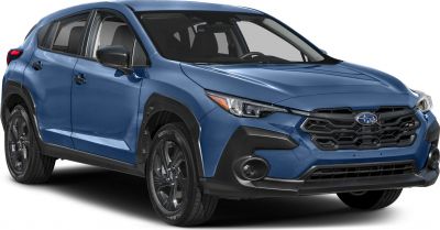 Front and side view of a blue compact SUV with distinctive grille and headlights.