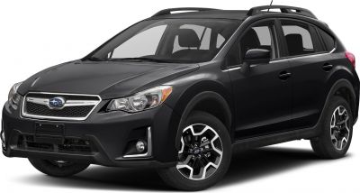 Front side view of a black compact crossover with alloy wheels and roof rails