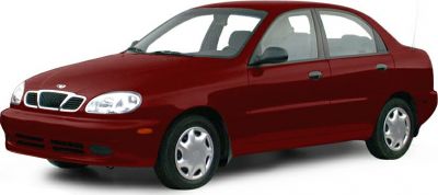 Red four-door sedan with rounded headlights and alloy wheel covers