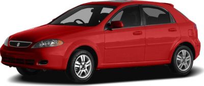 Red compact hatchback with five doors shown from side view.