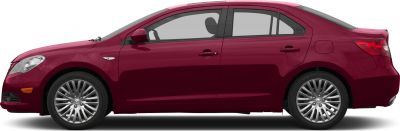 Side profile of red sedan with alloy wheels and streamlined roofline