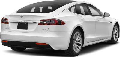 Rear view of electric sedan with distinctive tail lights and chrome trim