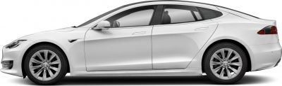 Side profile of white electric sedan with alloy wheels