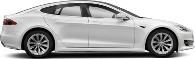 Side profile of white electric sedan with sleek aerodynamic design