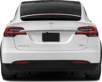 Rear view of electric SUV with distinctive taillights and panoramic rear windshield