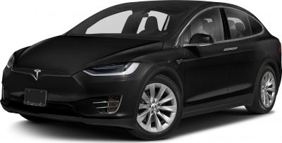 Front side view of black electric SUV with aerodynamic design and LED headlights