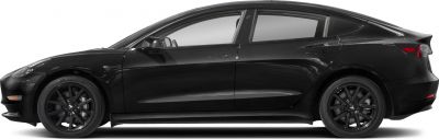 Side profile of electric sedan with black alloy wheels