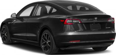 Rear side view of sleek electric sedan with dual motor badge and black alloy wheels