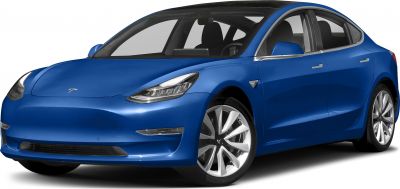 Front side view of a blue electric sedan with sleek headlights and alloy wheels