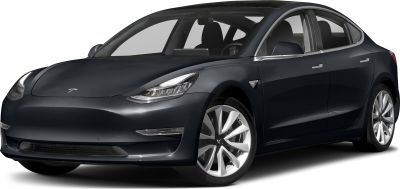 Front three-quarter view of electric sedan with sleek headlights and aerodynamic design