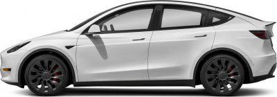 Side profile of an electric SUV with aerodynamic shape and distinctive black wheels.