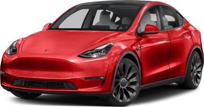 Red electric SUV with sleek LED headlights and large black alloy wheels