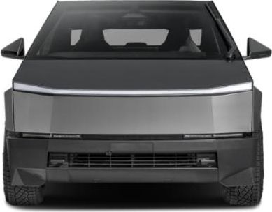 Front view of a futuristic electric pickup with angular design and LED light bar