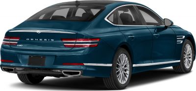 Rear view of luxury sedan with horizontal triple-bar tail lights and dual exhaust tips