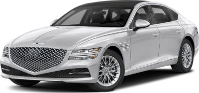Luxury sedan with mesh front grille and split LED headlights