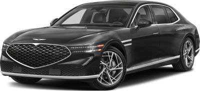 Luxury sedan with large mesh grille and horizontal multi-segment LED headlights