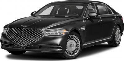Luxury sedan front view with large mesh grille and multi-spoke alloy wheels