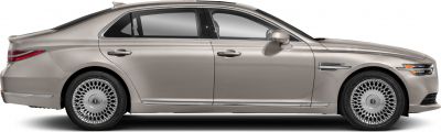 Luxury sedan side profile with multi-spoke alloy wheels and chrome side trims