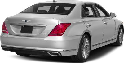 Rear view of luxury sedan with distinctive tail lights and dual exhausts