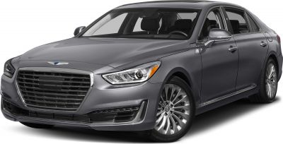 Wide front grille and sharp LED headlights on luxury sedan