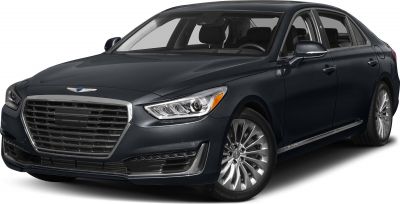 Large chrome grille and LED headlights of a luxury sedan front.