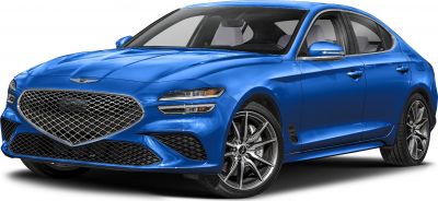 Blue luxury sedan with prominent diamond-pattern grille and sporty alloy wheels