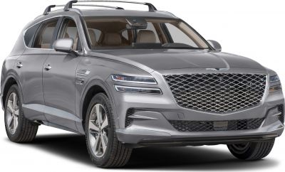 Modern SUV front with double layer LED headlights and large mesh grille