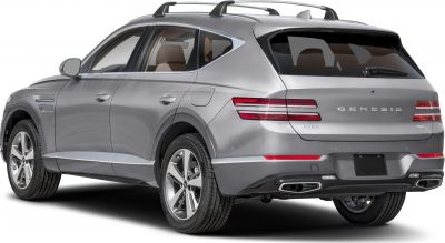 Rear side view of silver SUV with distinctive taillights and roof rails